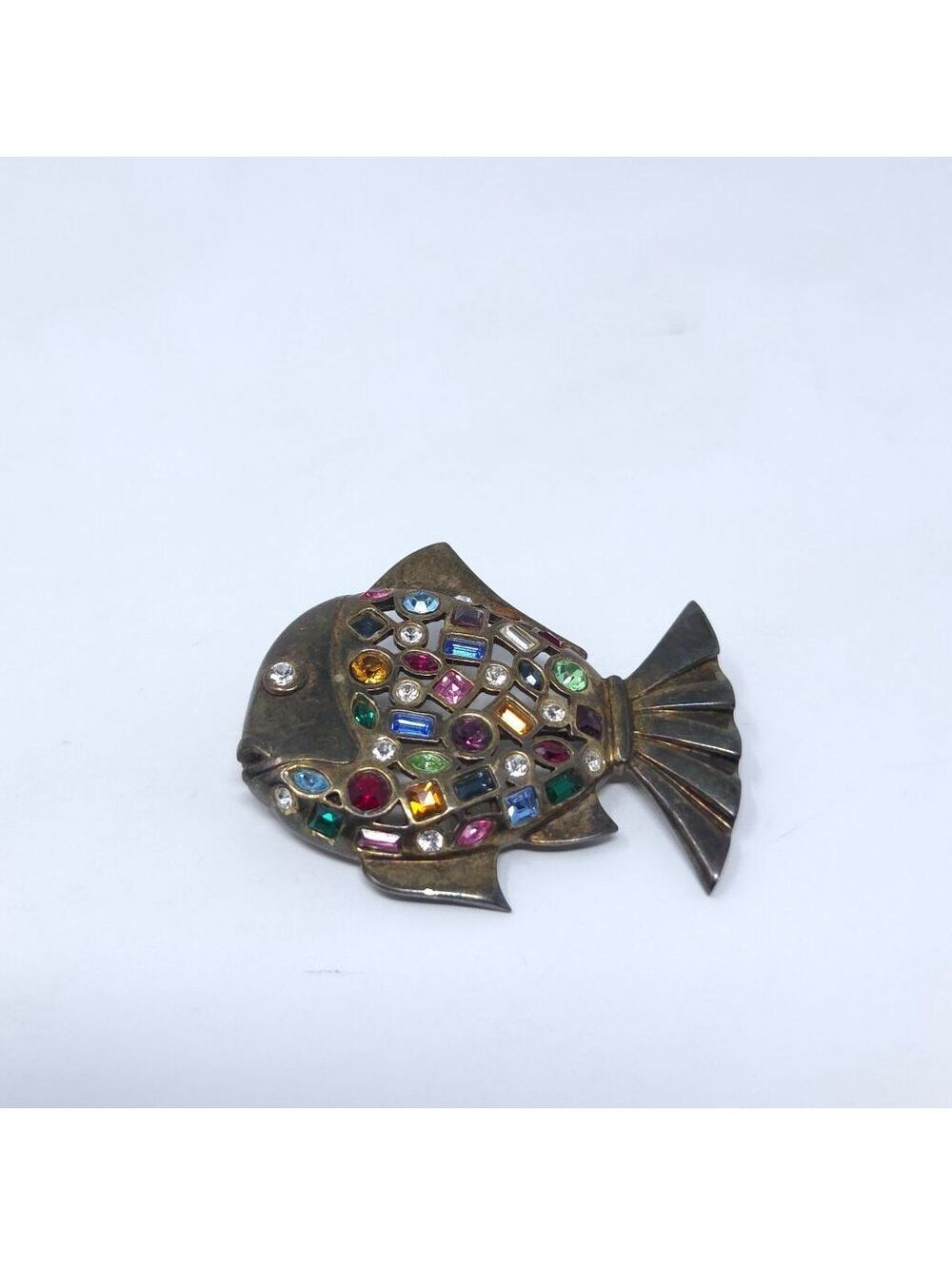 Vintage Sterling Colorful Rhinestone Fish Brooch Pin